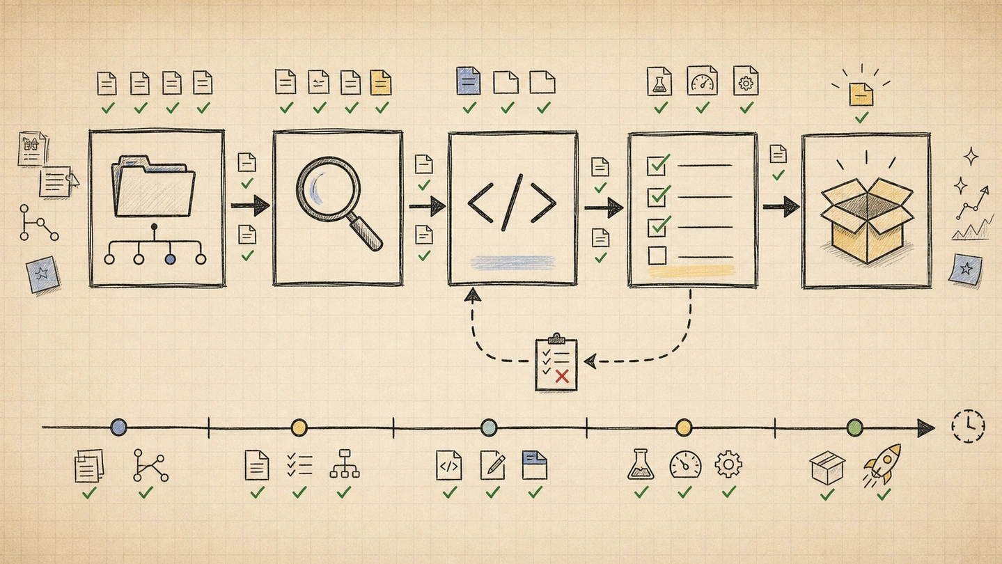 A notebook workflow diagram showing repo reading, searching, editing, checking, fixing, and shipping