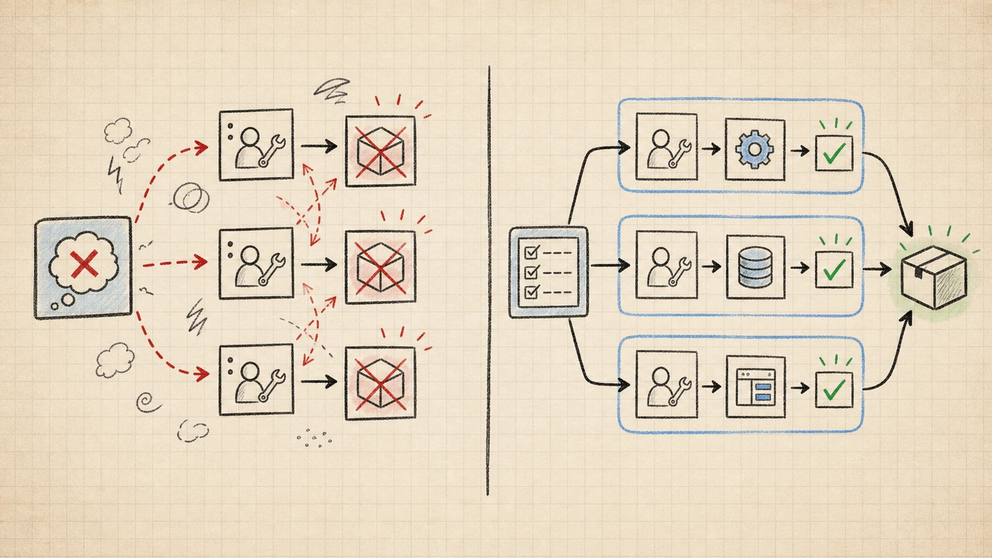 A notebook diagram comparing bad assumptions multiplied across workers with bounded subagent lanes merging into a shipped result