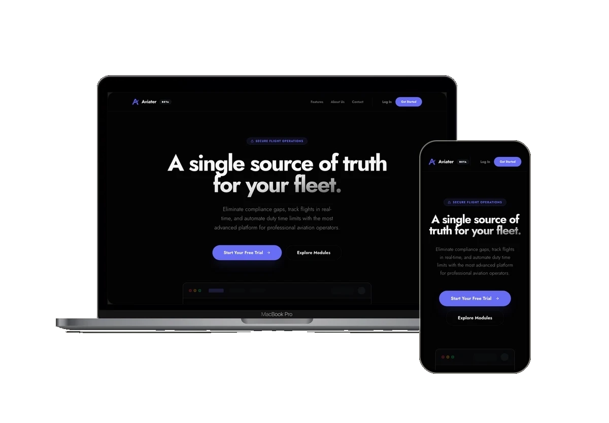 Aviater public homepage shown inside laptop and phone frames