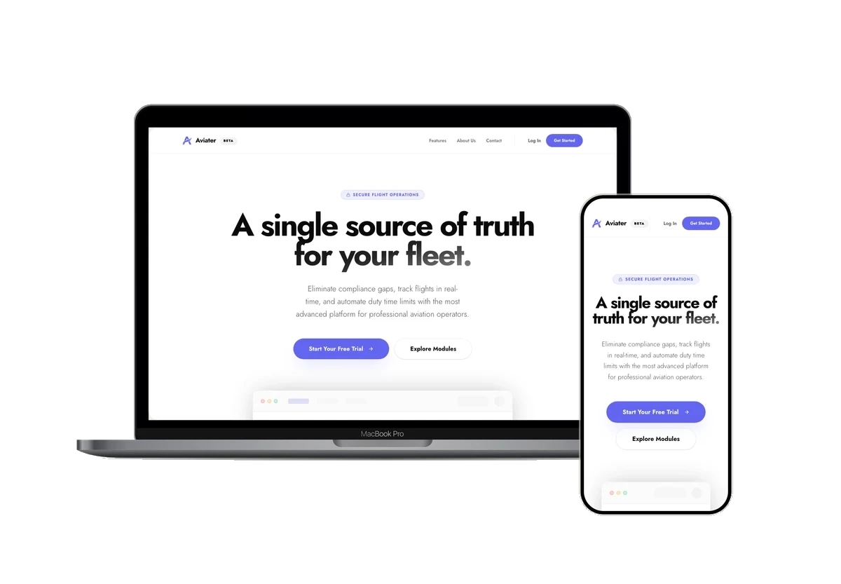 Aviater public homepage shown inside laptop and phone frames