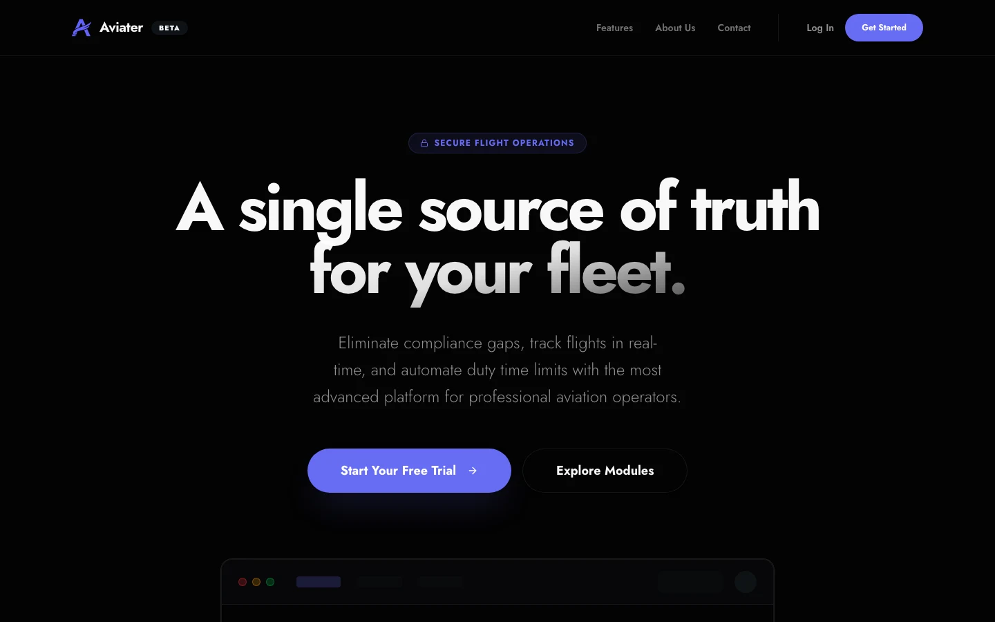 Aviater desktop homepage screenshot