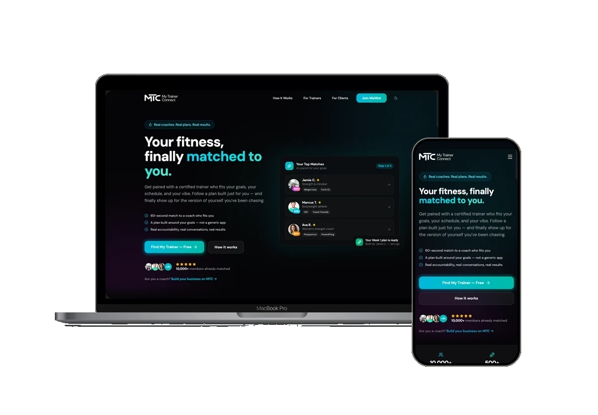 My Trainer Connect public homepage shown inside laptop and phone frames