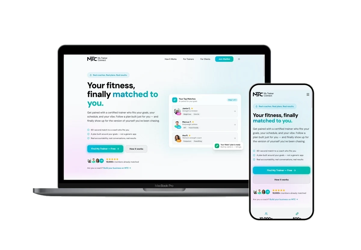 My Trainer Connect public homepage shown inside laptop and phone frames