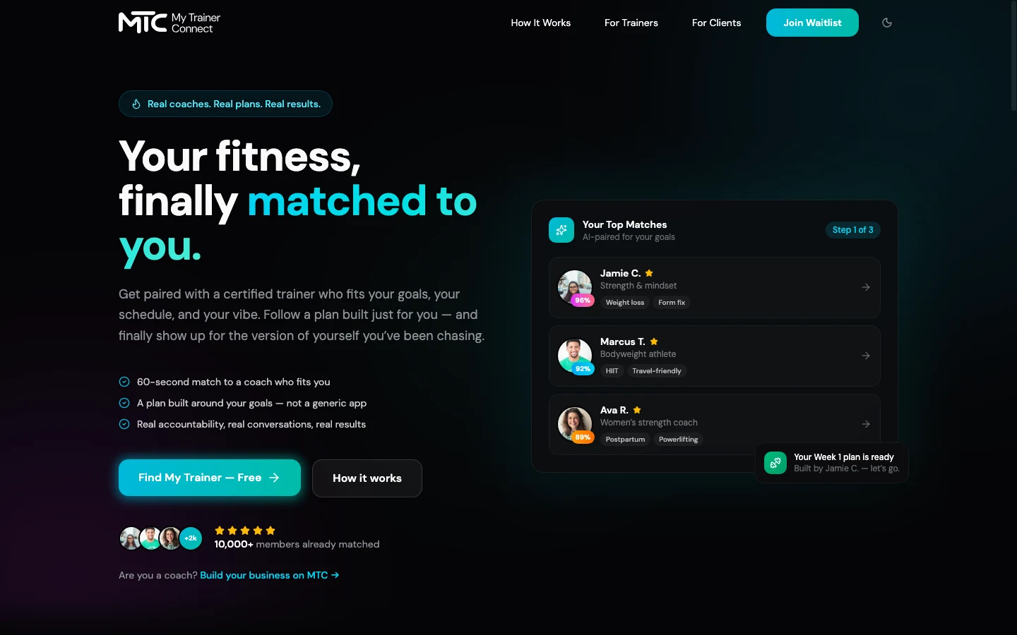 My Trainer Connect desktop homepage screenshot