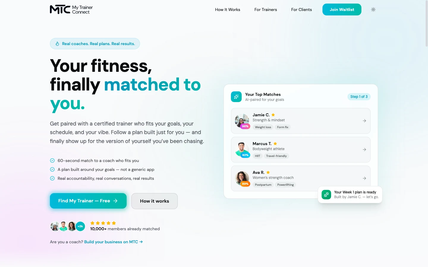 My Trainer Connect desktop homepage screenshot