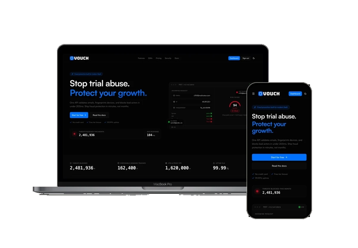 Vouch public homepage shown inside laptop and phone frames