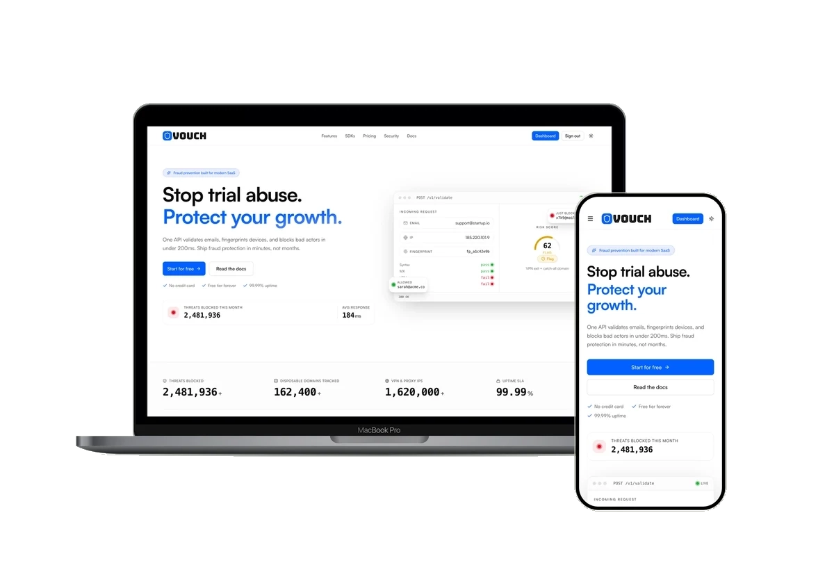 Vouch public homepage shown inside laptop and phone frames