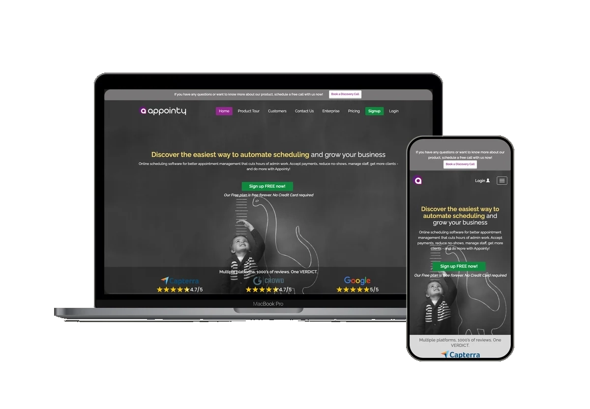 Appointy public homepage shown inside laptop and phone frames