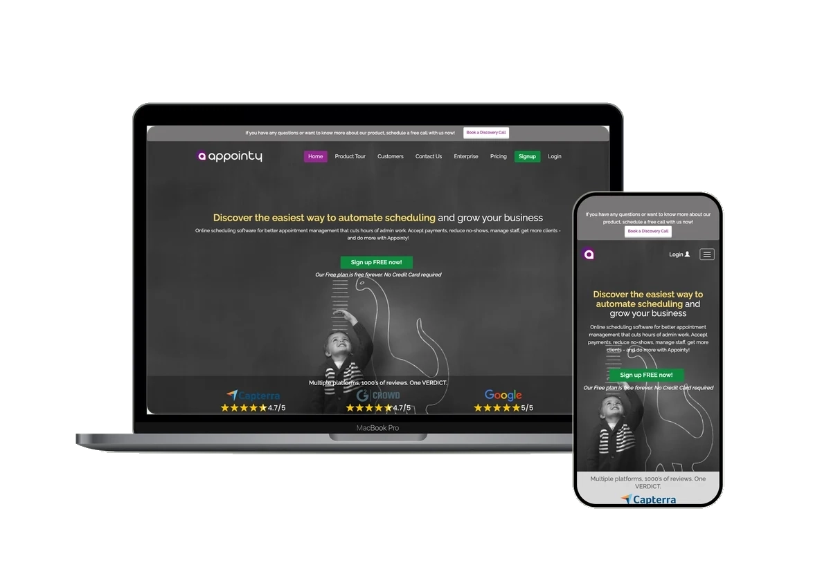 Appointy public homepage shown inside laptop and phone frames