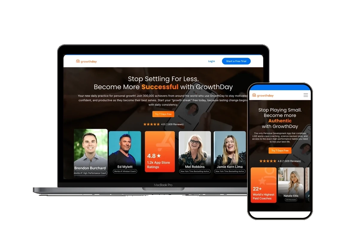 GrowthDay public homepage shown inside laptop and phone frames