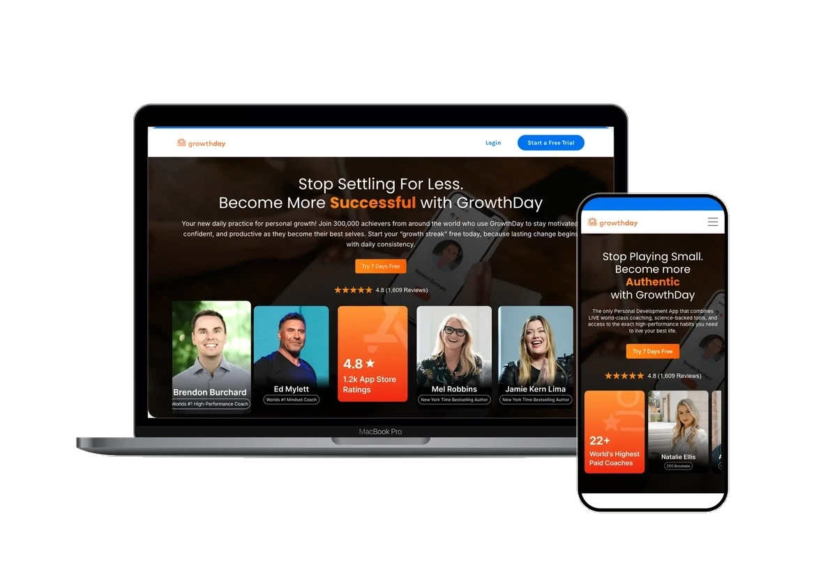 GrowthDay public homepage shown inside laptop and phone frames